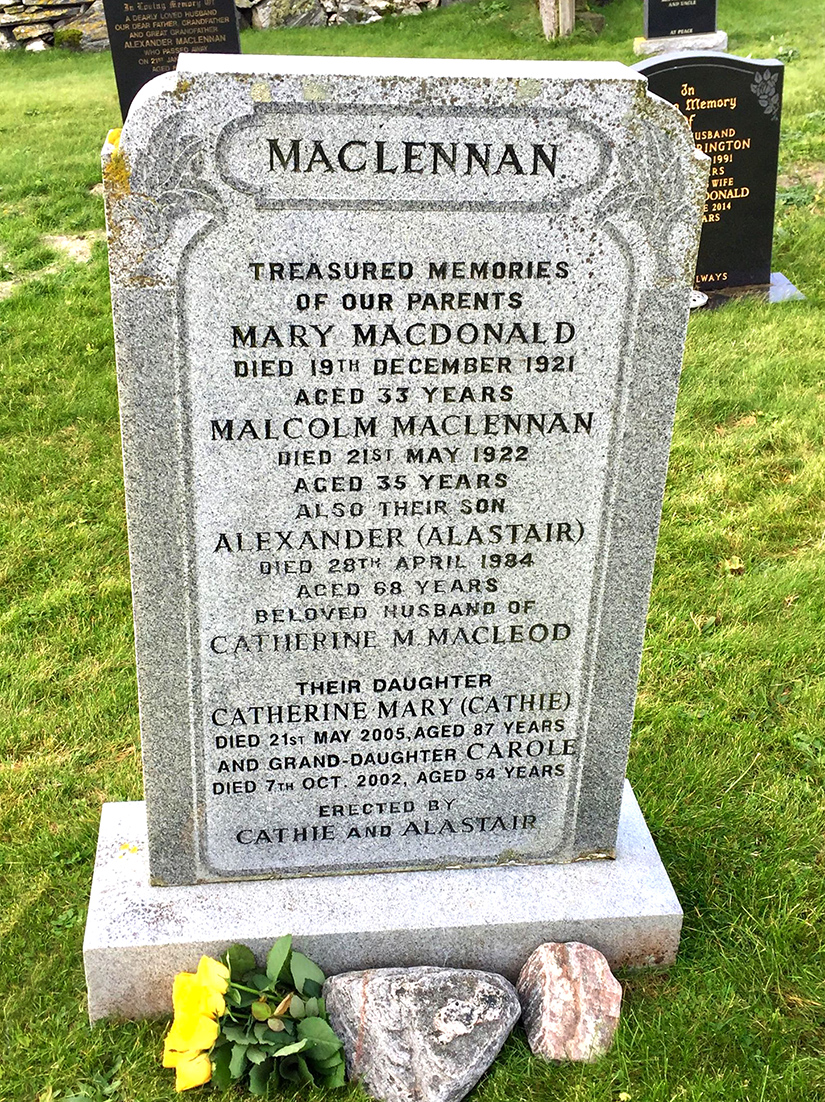 Photo of headstones/Malcolm MacLennan d1922 aged 35 hdstn Bernera